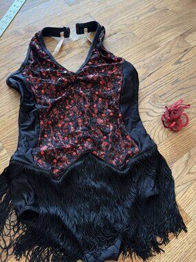 A WISH COME TRUE V1568 LUCKY STRIKE BLACK RED FRINGE COMPETITION DANCE COSTUME T